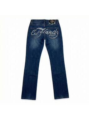 Ed Hardy Blue Straight Leg Jeans Floral Detail